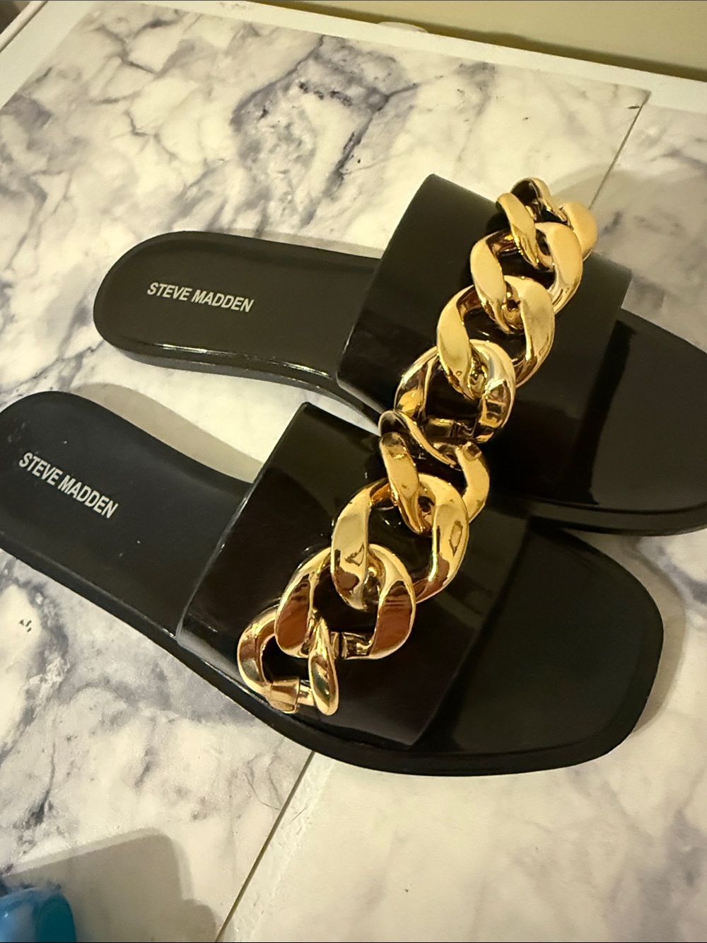 Steve Madden Black Patent Slide Sandals with Gold Chain - Picture 4 of 4